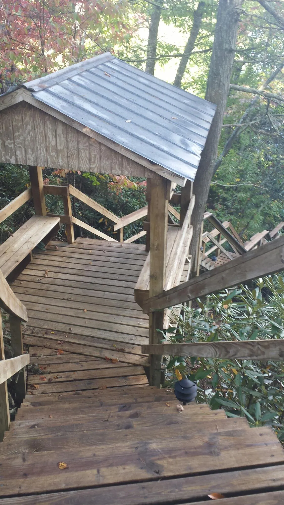 Metal roofed shelter over wooden steps on a wooded walkway — Skylight Repair & Installation work by our crew in Letart
